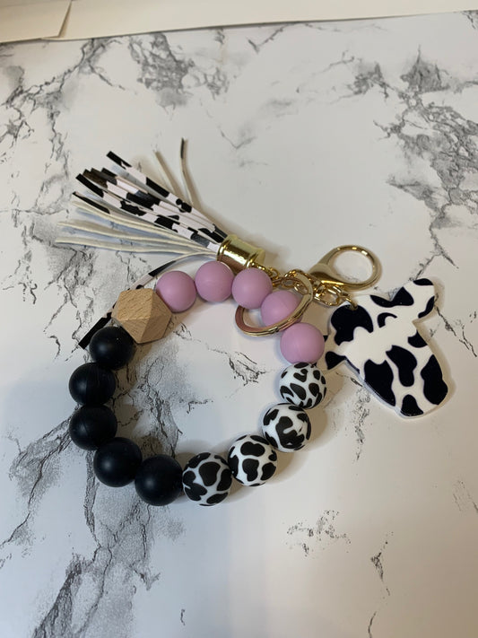 Silicone Beaded Bracelet Keychain - Cow Print