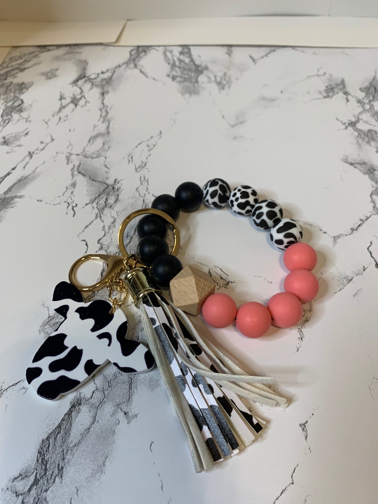 Silicone Beaded Bracelet Keychain - Cow Print