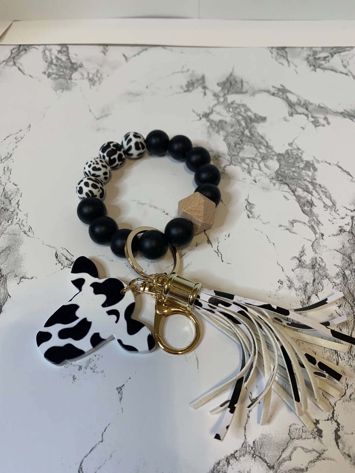 Silicone Beaded Bracelet Keychain - Cow Print